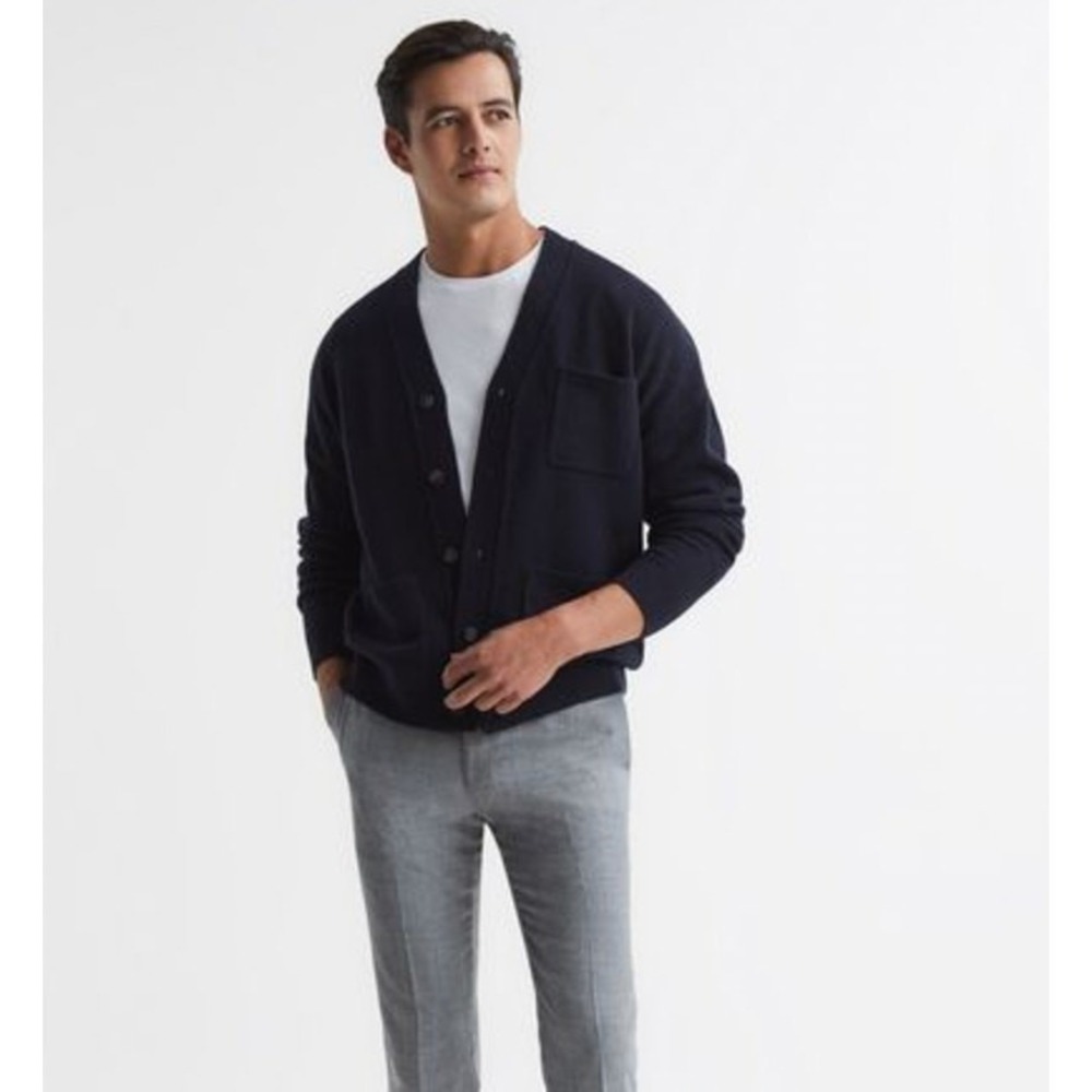 REISS Andrews Merino‎ Wool Cardigan Navy Blue Size S NEW